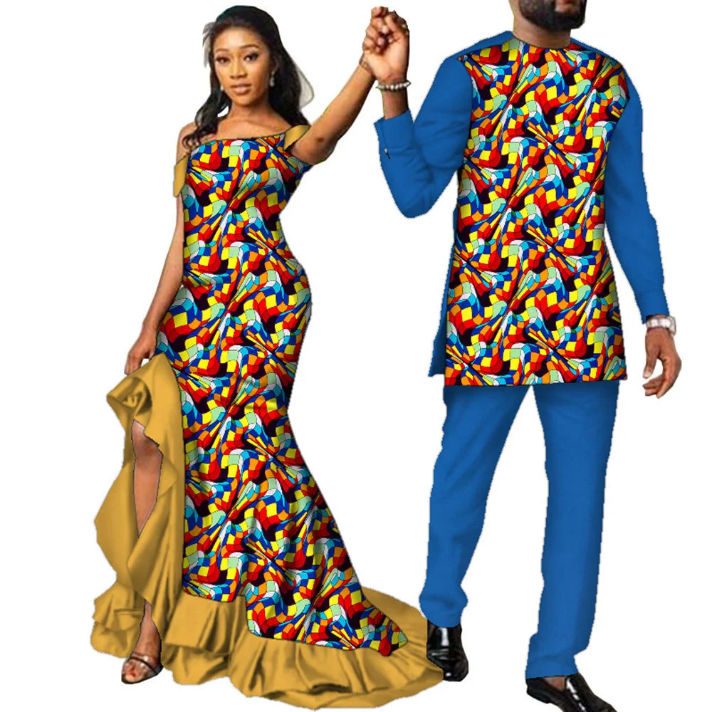 Sale! New African Couple Matching Clothes Dashiki Sexy Women Print Long Dresses Bazin Riche Men Outfits 2 Pieces Sets Party Wear