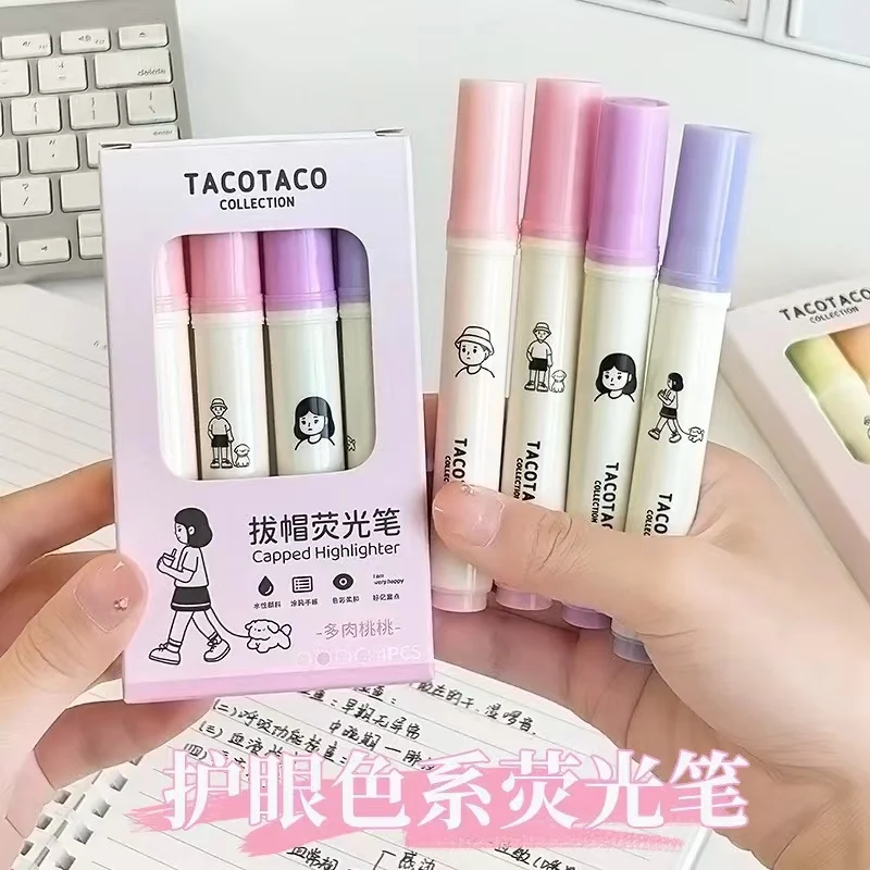 4Pcs/Set Cartoon Highlighter Fluorescent Marker Pen Student Art Drawing Doodling Marking School Office Kawaii Stationery