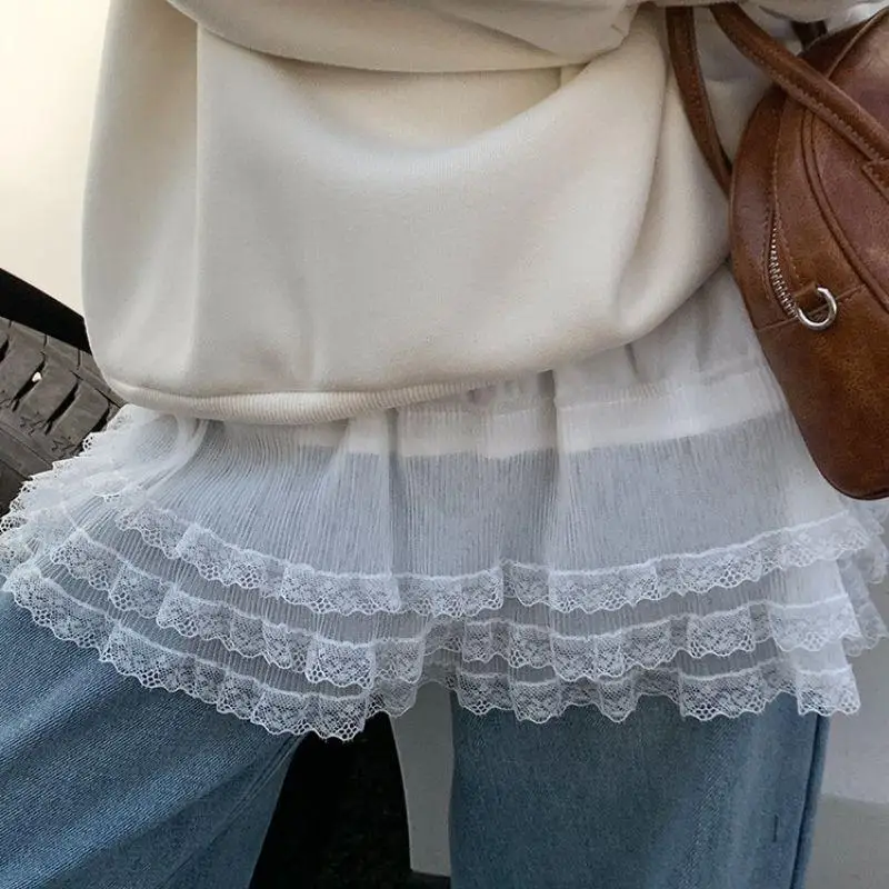 2025 Summer New White Skirt For Women Multilayer Lace Ruched Puffy Skirts Y2k E-Girl High Waist Up Faldas Mujer Lace Up Skirt