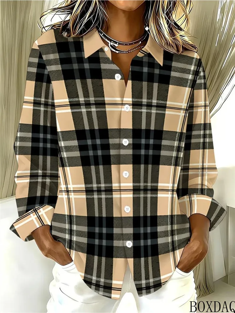 Spring Autumn Classic Tartan Plaid Print Lapel Long Sleeve Shirts Women Button Casual Loose Blouse Elegant Daily Ladies Tops