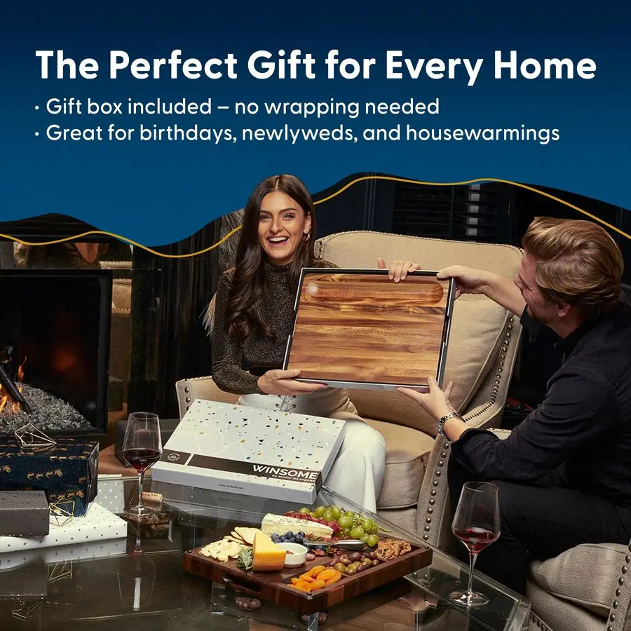 

Thick Sustainable Acacia Wood Cutting Board for Kitchen with Juice Groove, Sorting Compartment, Charcuterie 16x12x1.5 in Gift Bo