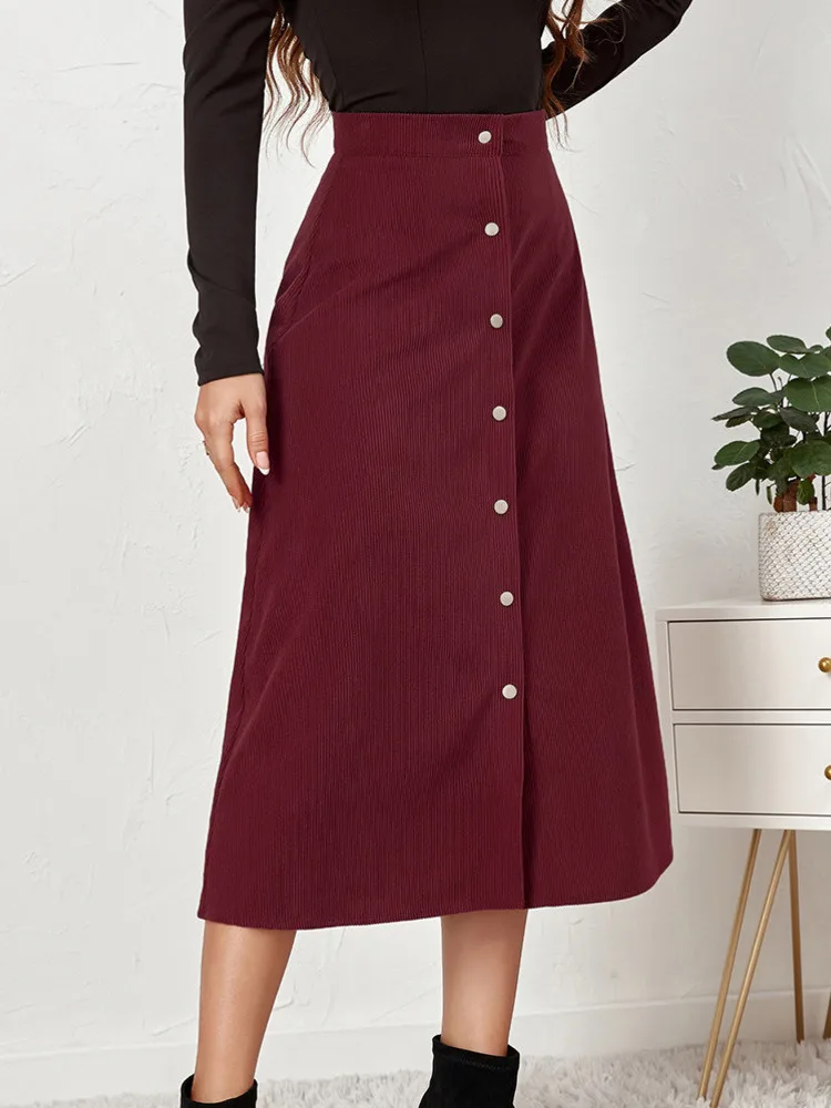 New In 2025 Autumn Winter Women's Corduroy Single Breasted High Waist Long Skirt Office Lady Casual Midi Skirts