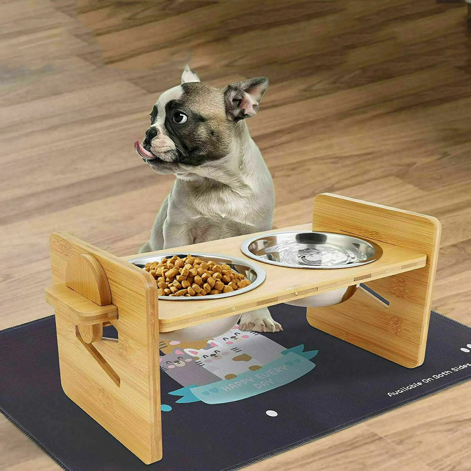 Adjustable Bamboo Raised Cat Bowls with Stainless Steel