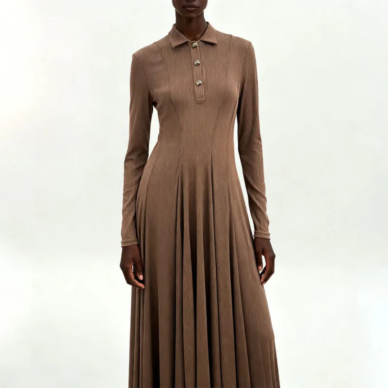 KWTX 2025 Solid Spliced Buttons Fashion Long Dresses for Women Lapel Long Sleeves Tunic Patchwork Folds Dress Female Clothing