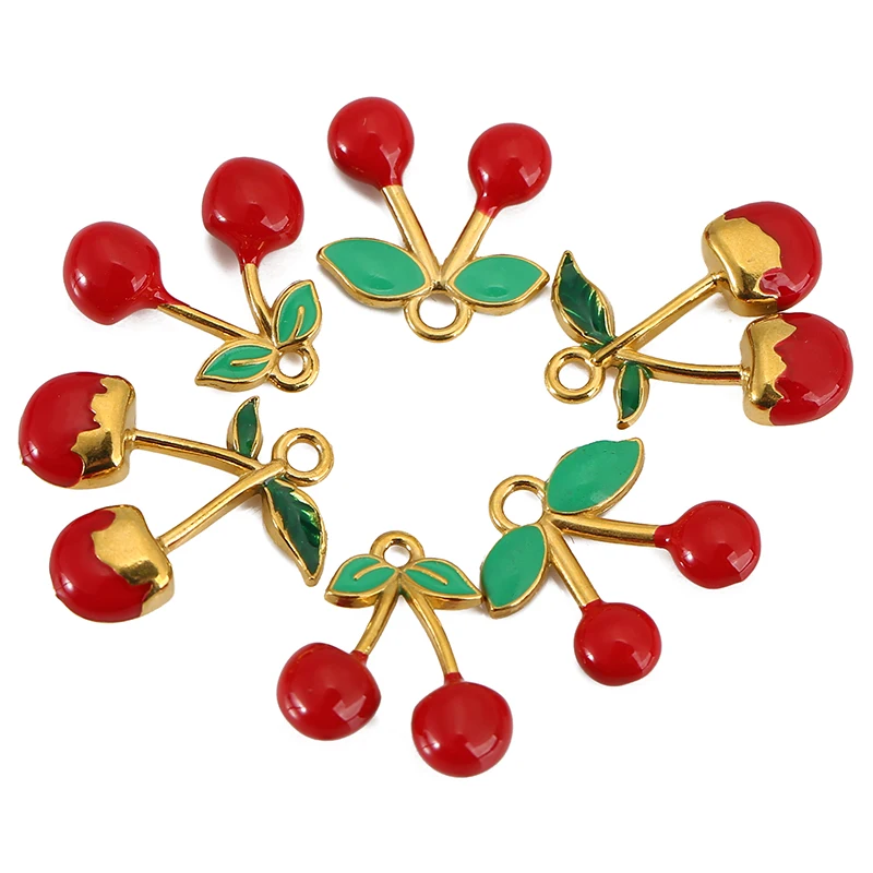 2pcs PVD Never Fade Stainless Steel Cherry Charms Leaf Fruit Charms Necklace Pendants for DIY Bracelets Jewelry Making Findings - view 6