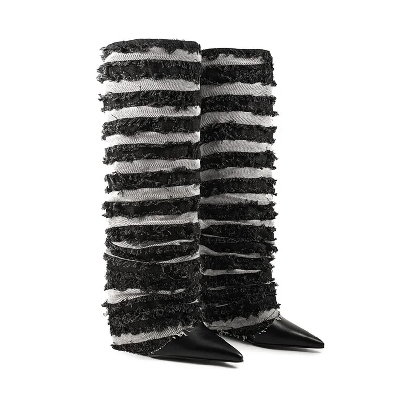 

Fashion Sexy Pointed Toe Knee-high Boots Patchwork Denim Fabric Pleated Modern Show Large Size Autum Winter New Women Shoes