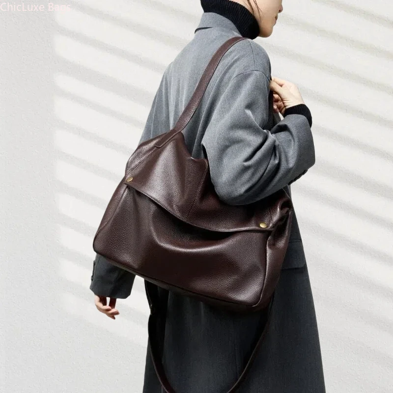 

Новая большая сумка из натуральной кожи, женская большая вместительная мягкая сумка на плечо, минималистичная большая сумка в европейском и американском стиле