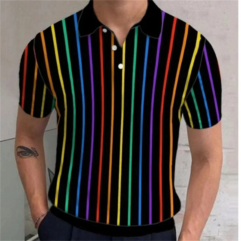 New In Men's Polo Shirt 3d Print Rainbow Graphic Short Sleeved Tshirt Men's Loose Oversized Golf Shirt Tops Streetwear