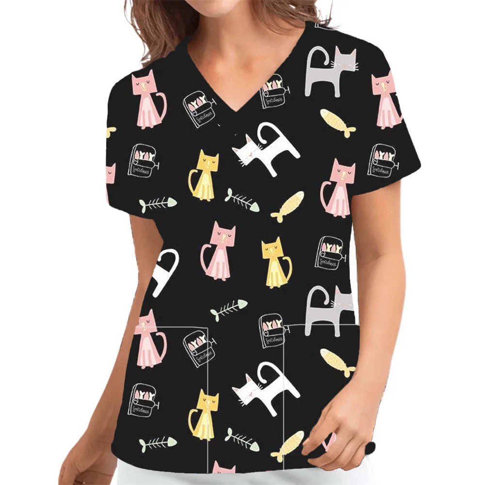 Surgical Uniforms Scrub Women Cats Prints V-Neck Pockets T Vet Uniform in Hospital Scrubs Nursing Uniform for Unisex