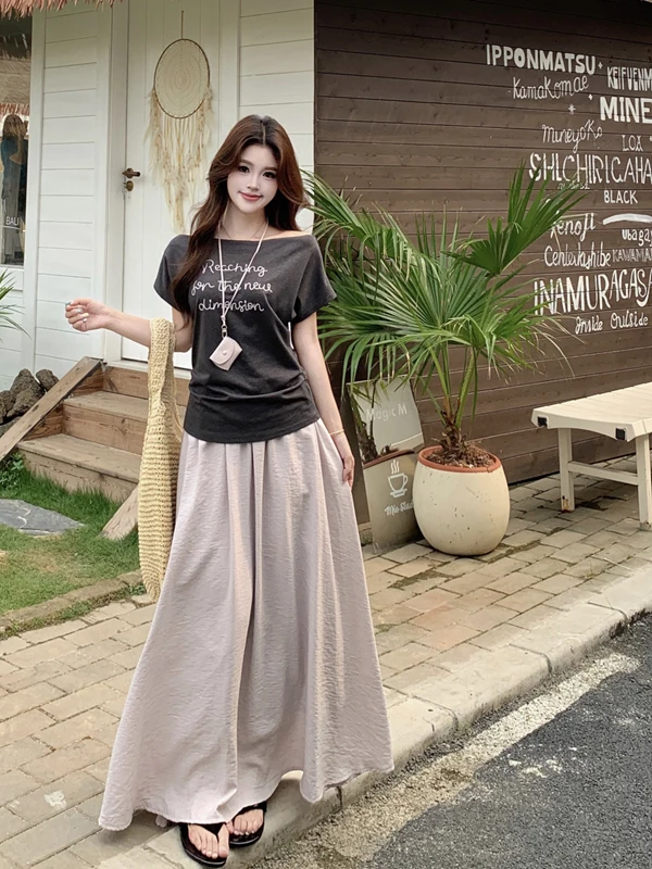 

plus Size Fashionable Two-Piece Set Summer New Design Letter Print Short Sleeve Top Mid-Length A-Line Skirt Casual Korean Style