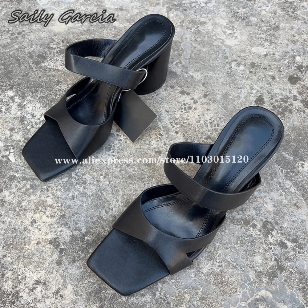 Solid Front Strap One Word Belt Chunky Heel Sandals 2024 Summer New Fashion All-Match Casual Slippers Open Toe Sexy Women Pumps