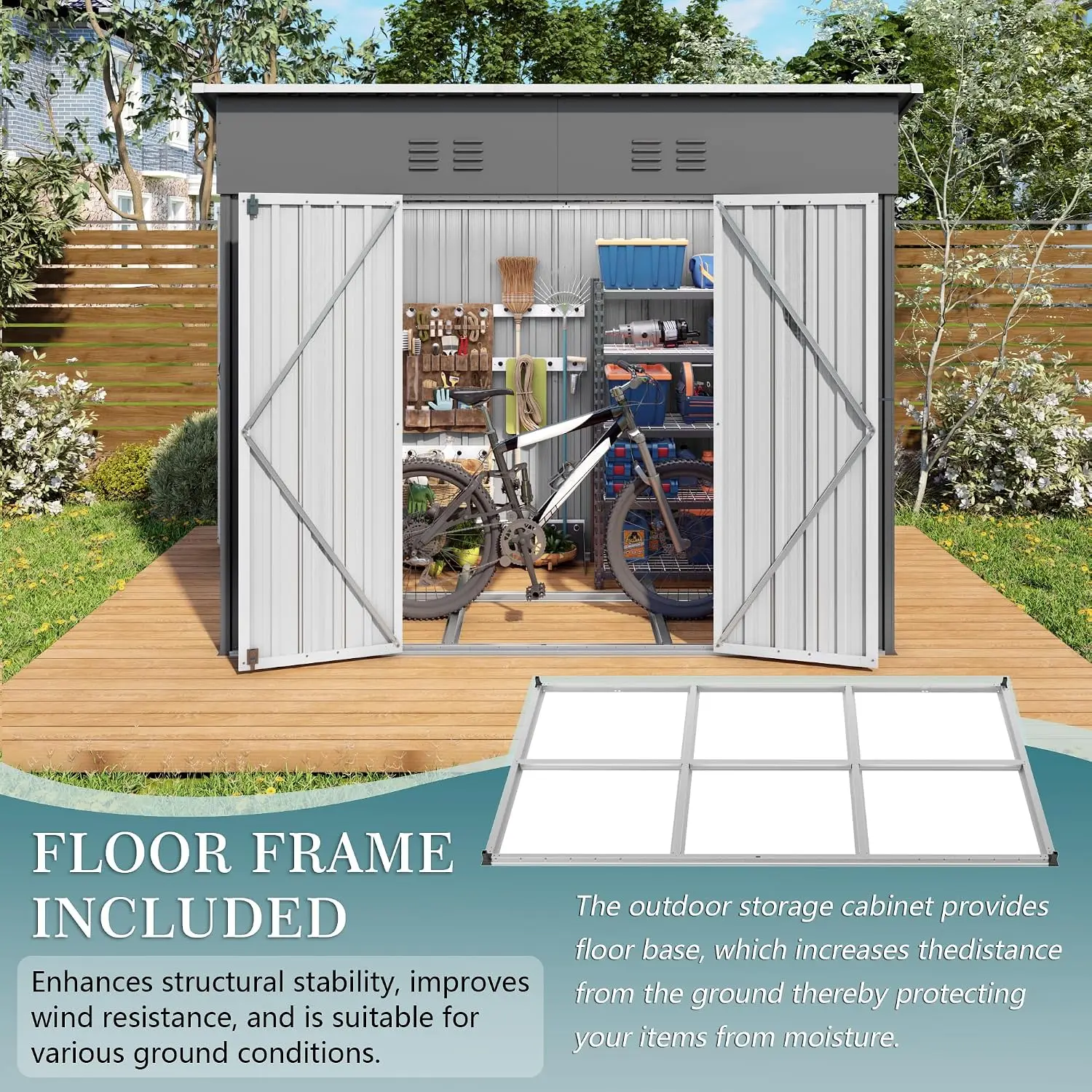 8x4 FT Outdoor Storage Shed, Galvanized Steel with Lockable Dual Doors, Air Vent & Sloped Roof for Bikes & Backyard, Customized