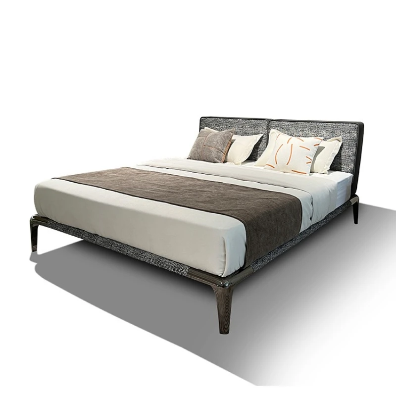 

Modern light luxury double leather art bed Italian minimalist soft bag master bedroom solid wood leather bed