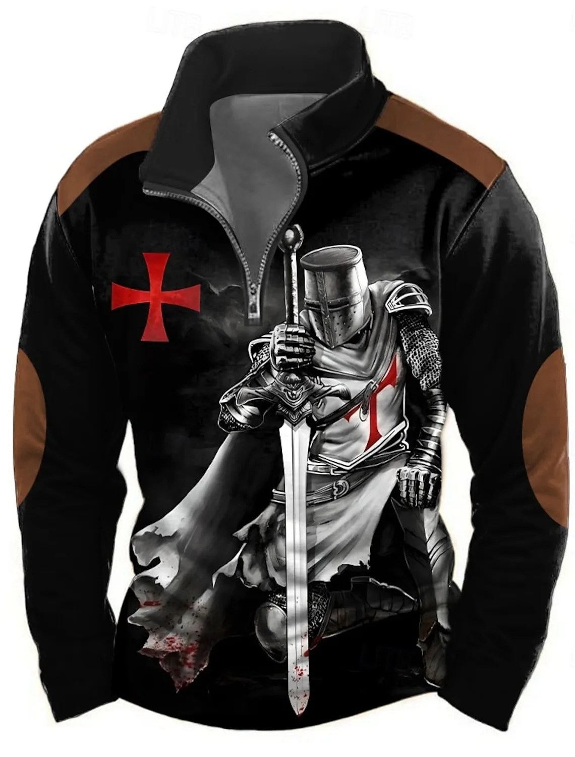 

Men's Knights Templar Sweatshirt Casual Long Sleeve Stand Collar Party Club Red Blue 3D Print Quarter Zip Fall Winter Designer