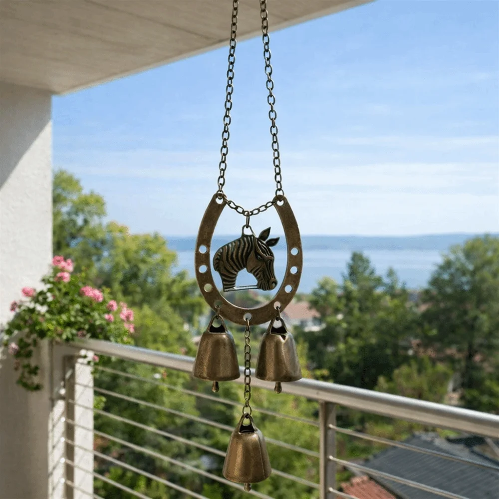Colgante Creativo Vintage de Herradura de Caballo de la Suerte en Hierro Forjado con Campana, Adorno Colgante Decorativo para Patio y Balcón