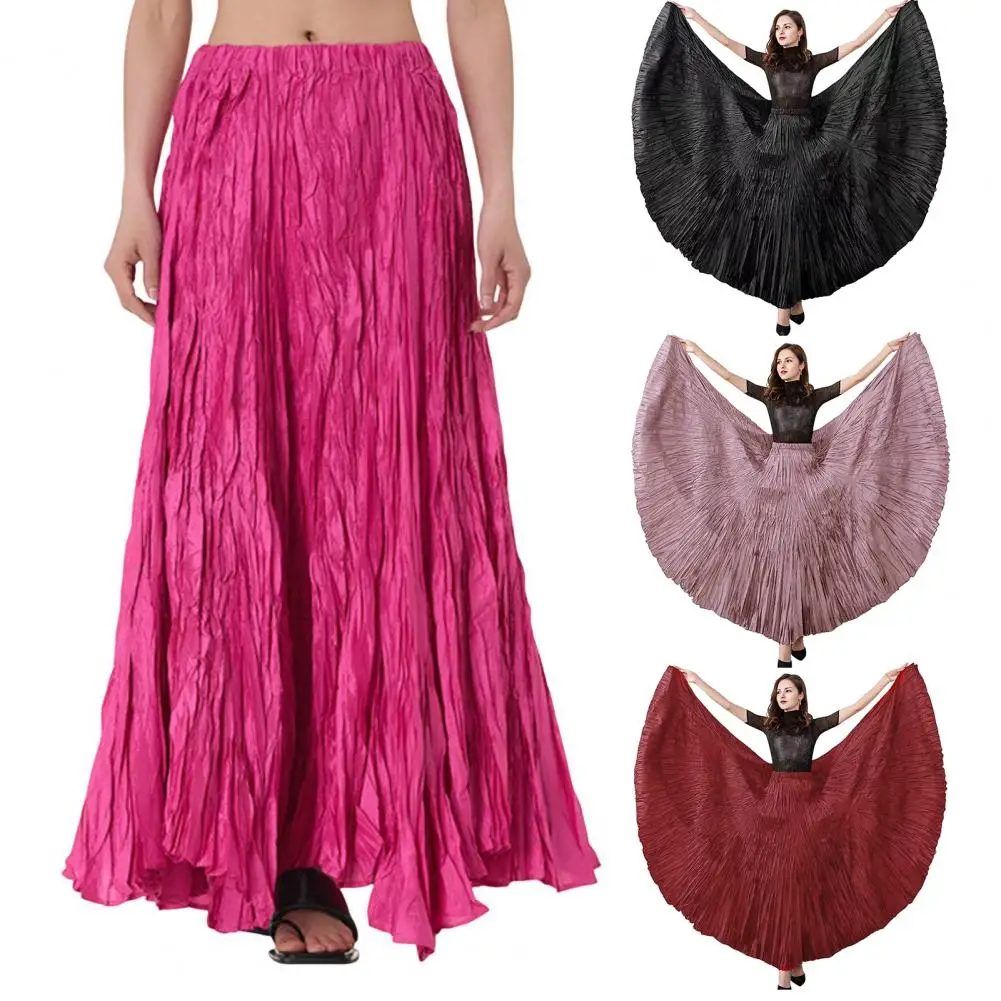 11 لون المرأة خمر ميدي تنورة واسعة مطاطا حزام عالية الخصر مطوي ألف خط تنورة الصيف السلس الساتان التنانير الطويلة