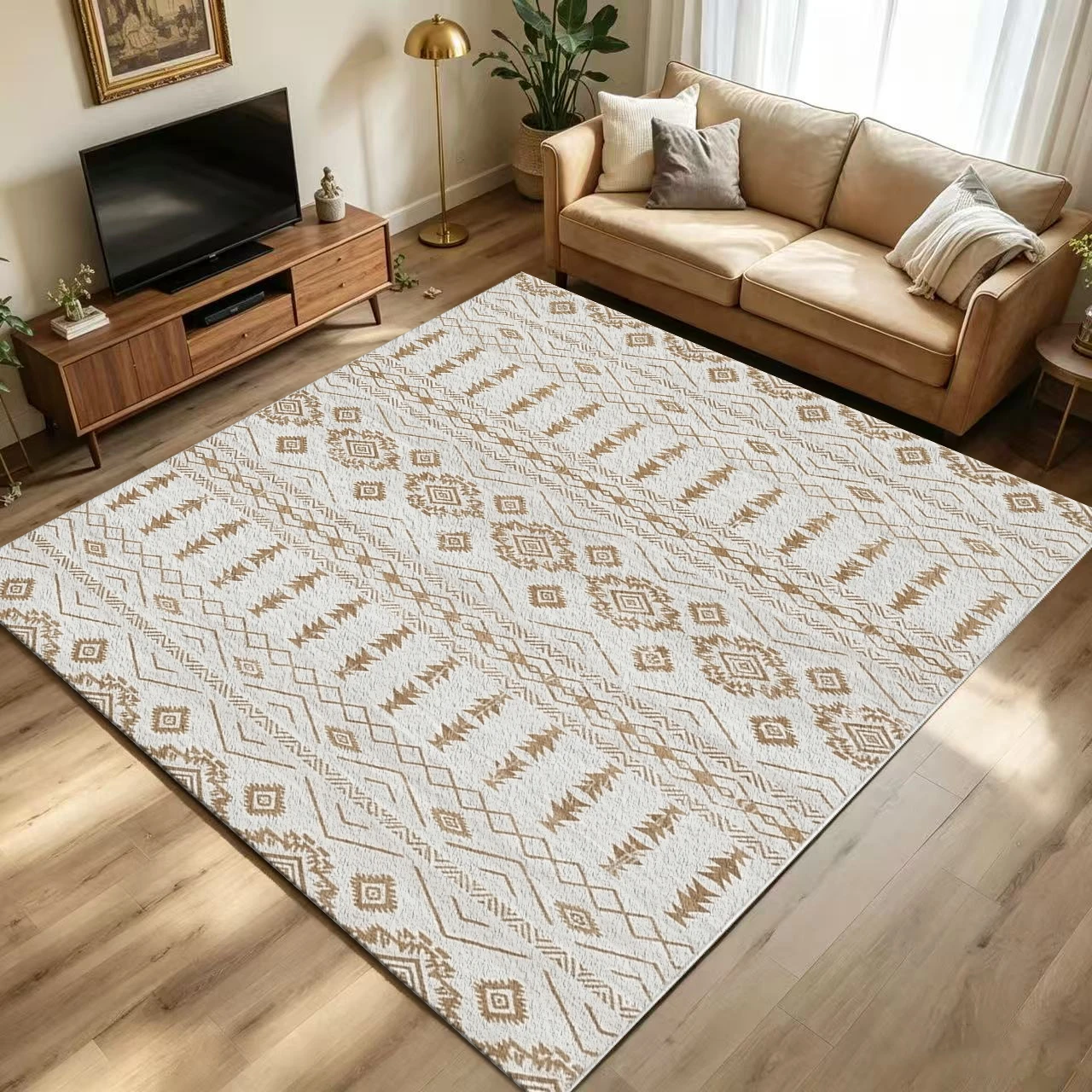 White Gold Boho Southwestern Vertical Geometric Area Rug Non Slip Washable Minimalist Western Floor Mat