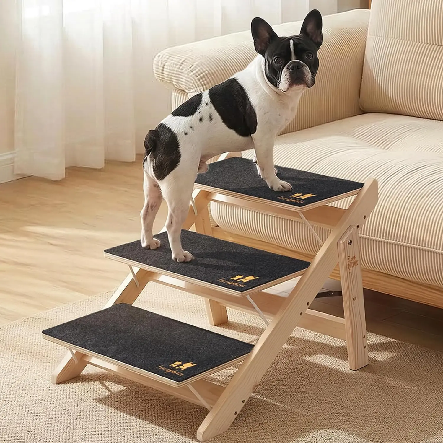

Foldable Dog Stairs for Beds, Cars, Couch - Anti-Slip Pet Ramp with 3 Steps for Small to Large Pets up to 220lbs