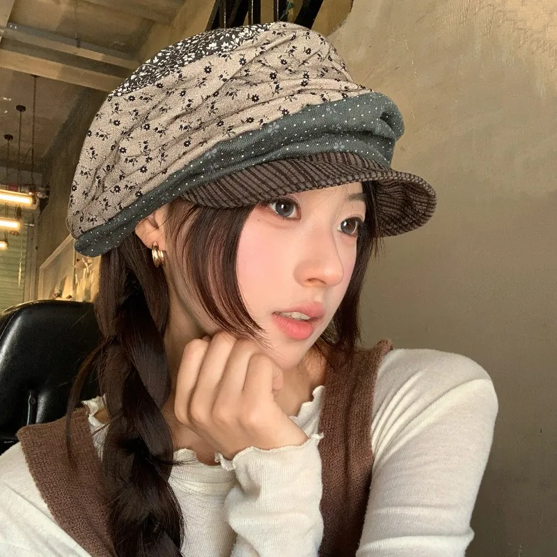 Koreanischer Stil Patchwork Blumenmuster Baskenmütze Herbst Literarisch Retro Große Ausführung Weiche Krempe Modische Achteckige Newsboy-Kappen für Damen – Detail 1