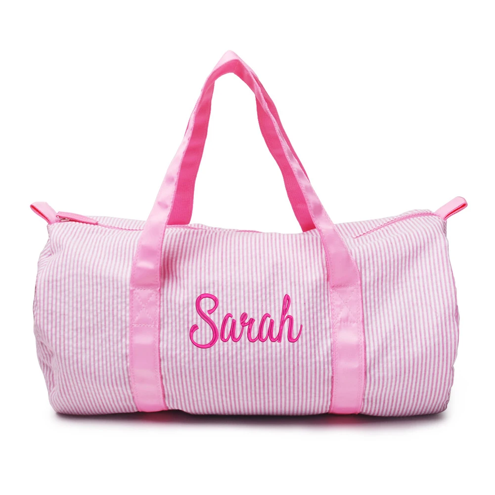 Monongrammed Personalized Seersucker Duffle Barrel Bag,Preppy Children's Travel Bag,Ballet,Sports,Sleepovers,Weekend Overnight