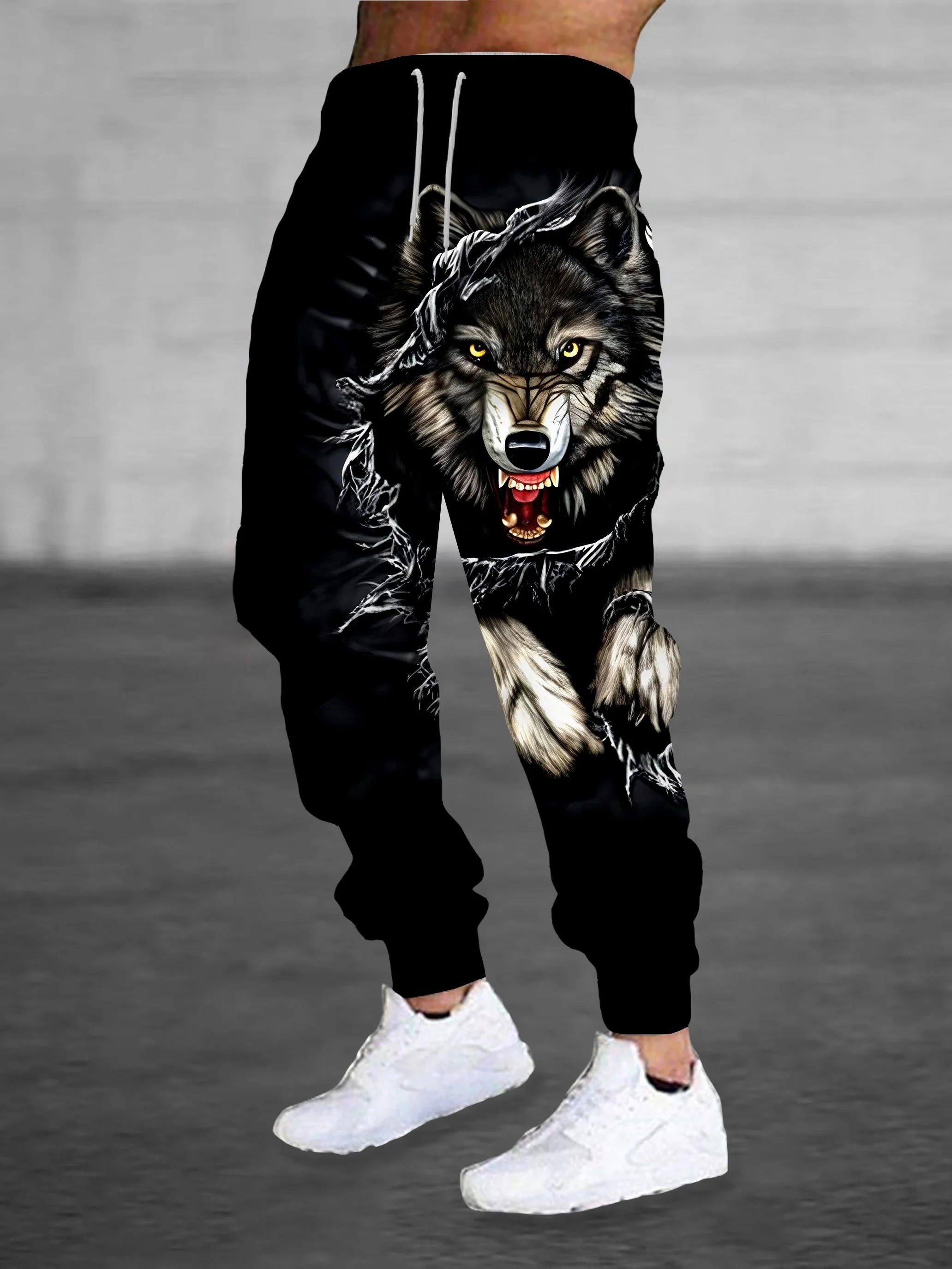 2026 hot selling fashionable and cool wolf shaped casual elastic men's 3D printed outdoor pants, breathable and comfortable