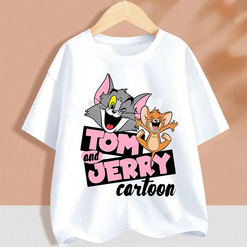 Tom and Jerry T-shirt for Children Cartoon Partern Tee Top Round Collar Clothing Black White Short Sleeve Kid Anime Clothes Gift