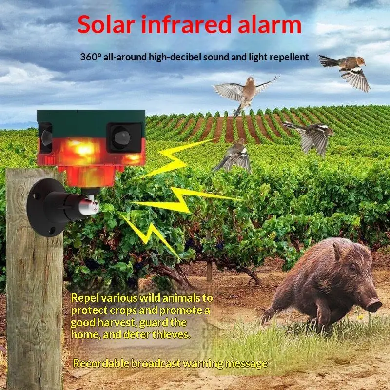 Solar Animal Repellent Alarm 1200 Sq.Ft Coverage 360° Motion Sensor Sound Light for Garden Yard Farm