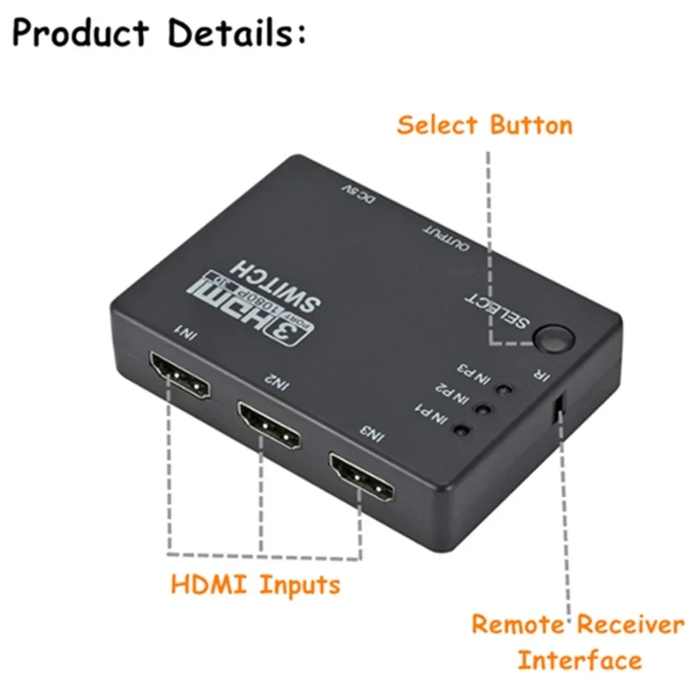Przełącznik HDMI 3 wejścia 1 wyjście 3-portowy rozdzielacz HDMI Hub przełącznik 1080p HD 1.4 z pilotem do projektora DVD PS3/4 HDTV XBOX360