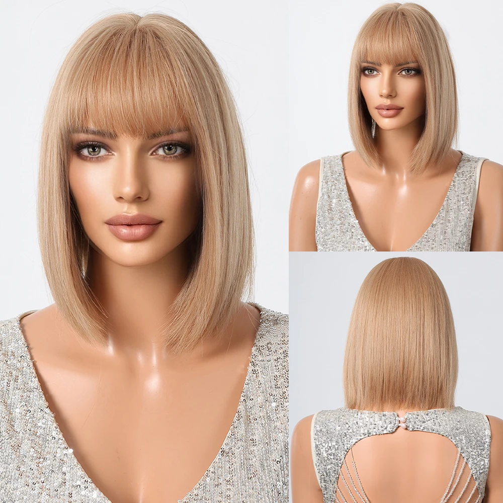 

EASIAHIR Synthetic Dirty Blonde Brown Short Straight Bob Wigs for Women Cosplay Party Daily Wig Natural Hair Heat Resistant