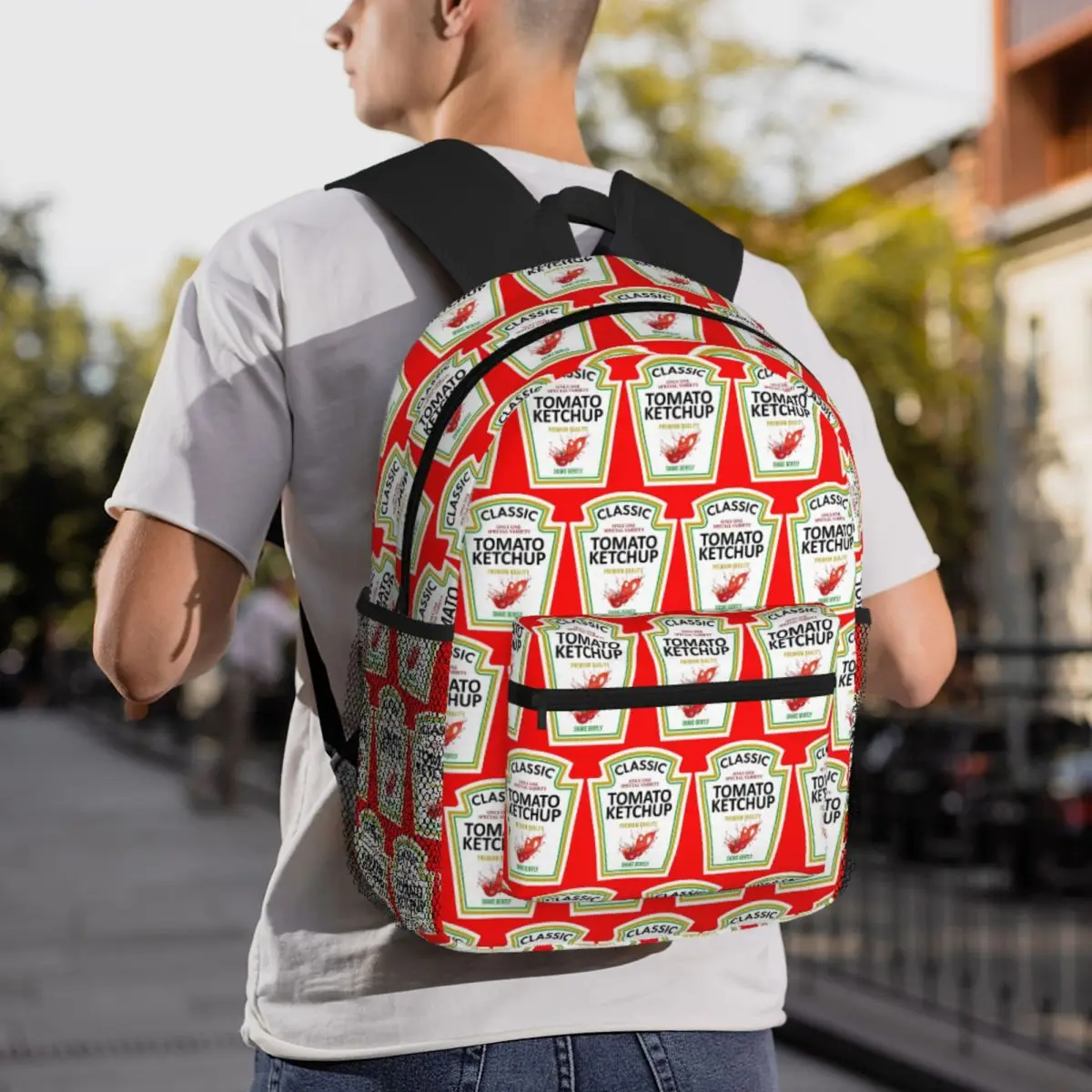 

Funny Tomato Ketchup Label Backpack Daypack Large Capacity Kids BookBag School Bag Shoulder Bags for Men Women