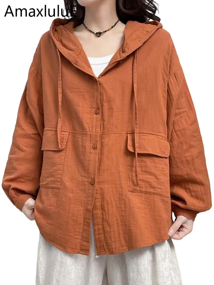 Amax LuluE Vintage Fashion Soild Jackets Ladies Spring Classic Loose Hooded Coats Womens Korean Design Elegant Causal Outerwear