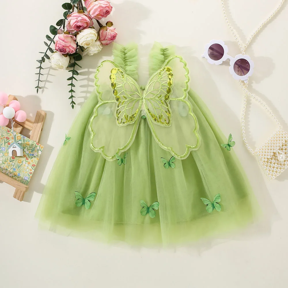 Summer New Girl\'s Dress Sweet Hanging Strap Butterfly Mesh Cute Back Butterfly Wings Mesh Dress Princess Dress Suitable for 0-3