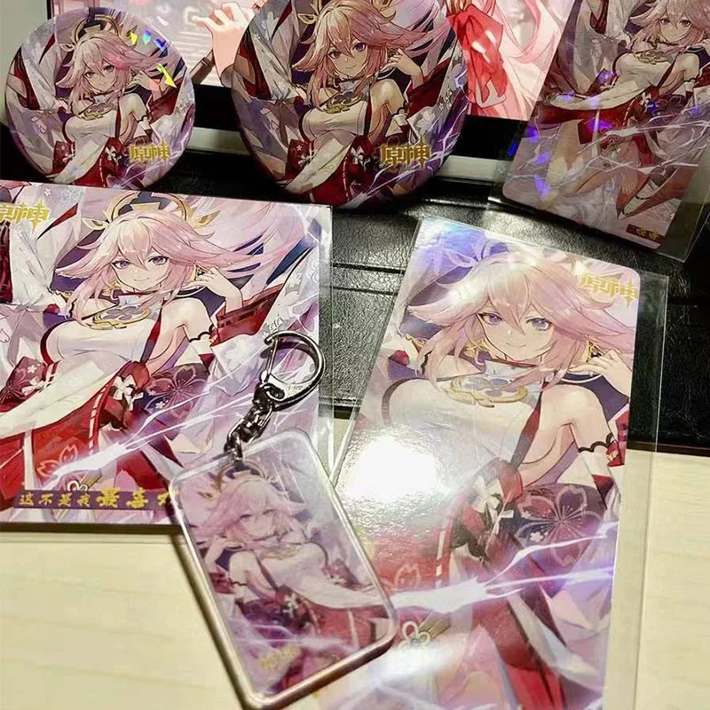 6 Pieces Genshin Impact Anime Lucky Gift Bag Cartoon Yae Miko Collection Bag Keychain Laser badge LOMO Card Postcard Laser Card