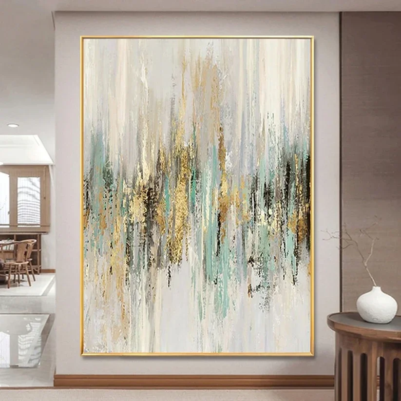 Handmade Mystic Forest Veil Oil Painting Wall Art Noframed Gold Green Abstract Canvas Oil Painting for Livingroom Wall Decortion