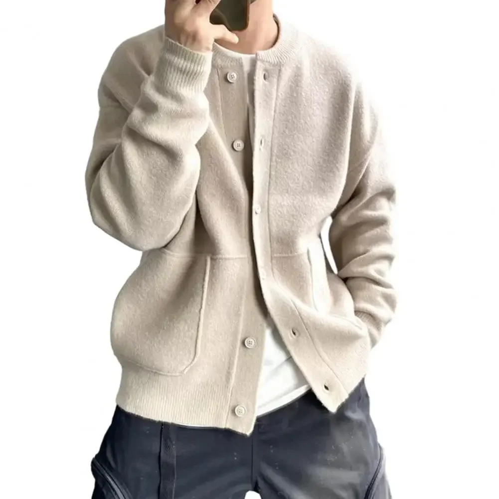 Autumn Winter Thick Warm Sweater Coat Men's Round Neck Knitted Cardigan Single-breasted Solid Sweater Casual Loose Coat Men