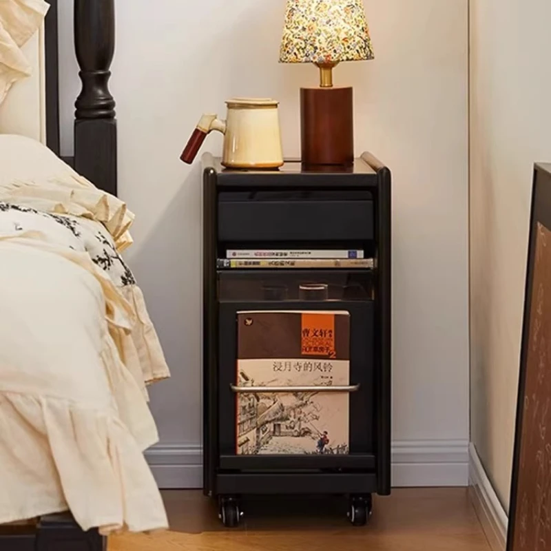 French Retro Solid Wood Nightstand Movable Bedside Table for Bedroom Furniture Slim Storage Rack Living Room Narrow End Table