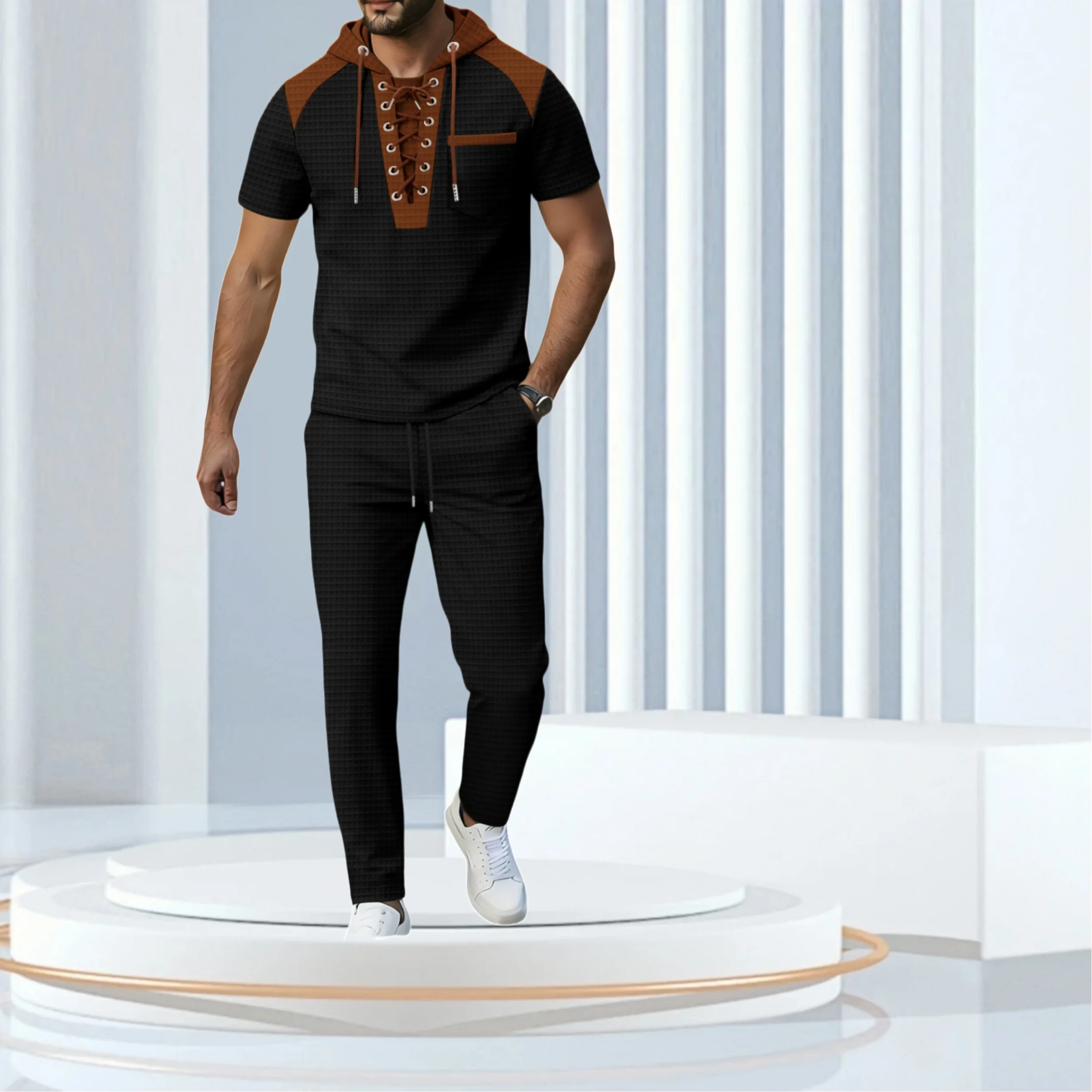 

Summer new men's large check pattern long-sleeved hooded multi-color long-sleeved shirt and buttoned casual sport pants set