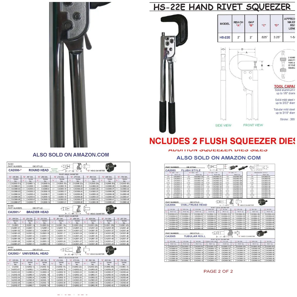 Hand Rivet Squeezer for Solid & Tubular Rivets, 2' Reach, 2' Gap, Sets Rivets up to 1-3/4' Long, Includes 2 Flush Dies