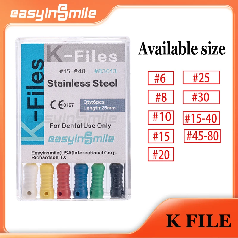 

Стоматологические эндо-файлы K, 6 шт./упак., EASYINSMILE, файл корневых каналов # 6 # 8 # 10 # 15-40 # 45-80 Нержавеющая сталь ручной работы 25 мм