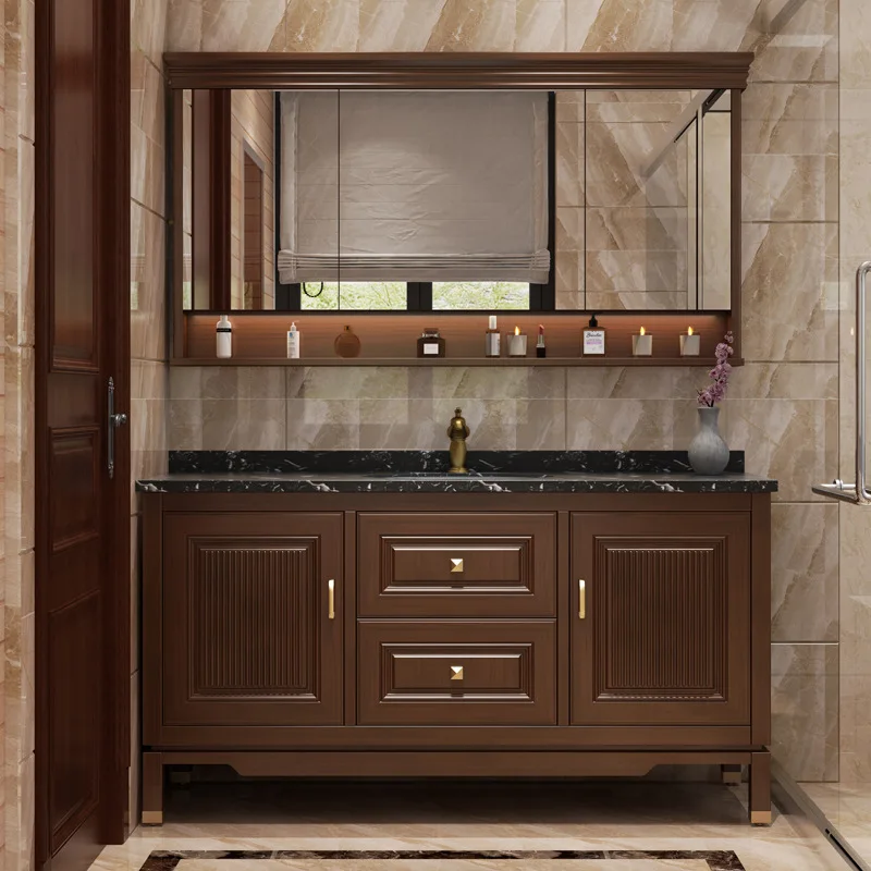 New chinoiserie solid wood bathroom cabinet antique slate washbasin cabinet combination