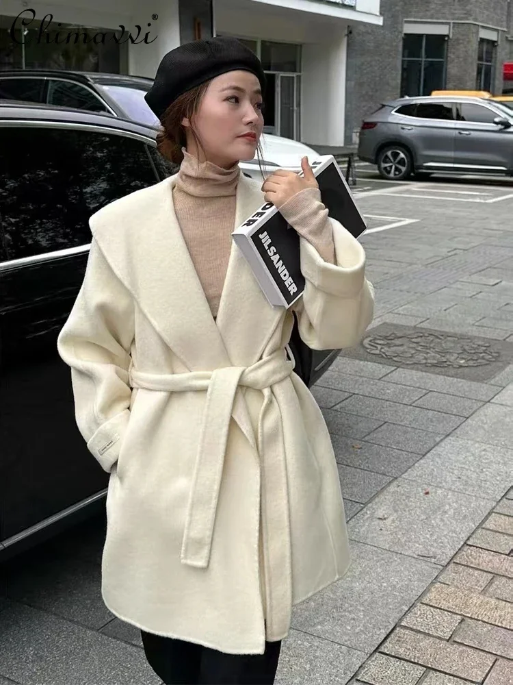 Autumn and Winter New Korean Fashion Belt High-end Coat Mid-length Wool Woolen Loose Elegant Women's Double-sided Woolen Coat