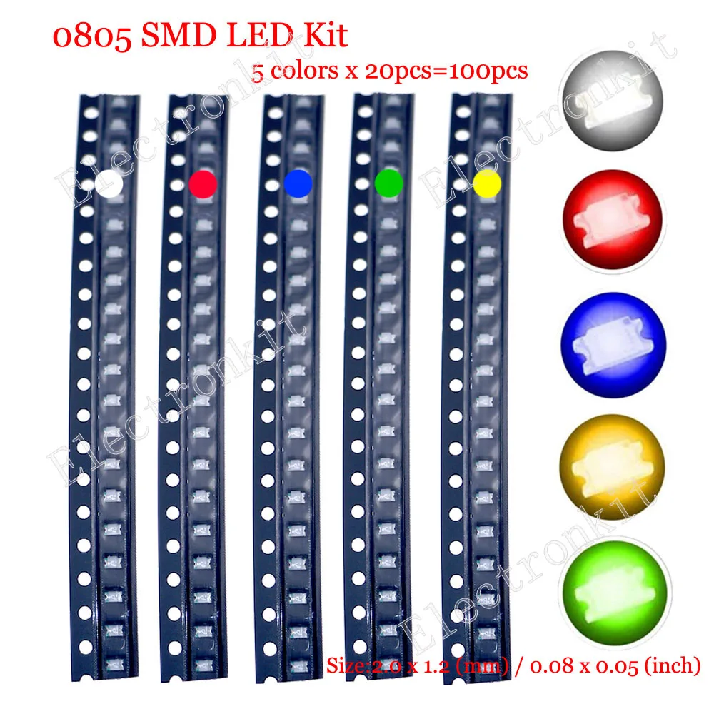 Smd ledダイオードセット,100個,0402個,0603個,0805 1206 1210 5730,赤/緑/青/白/黄色,5色,各20個