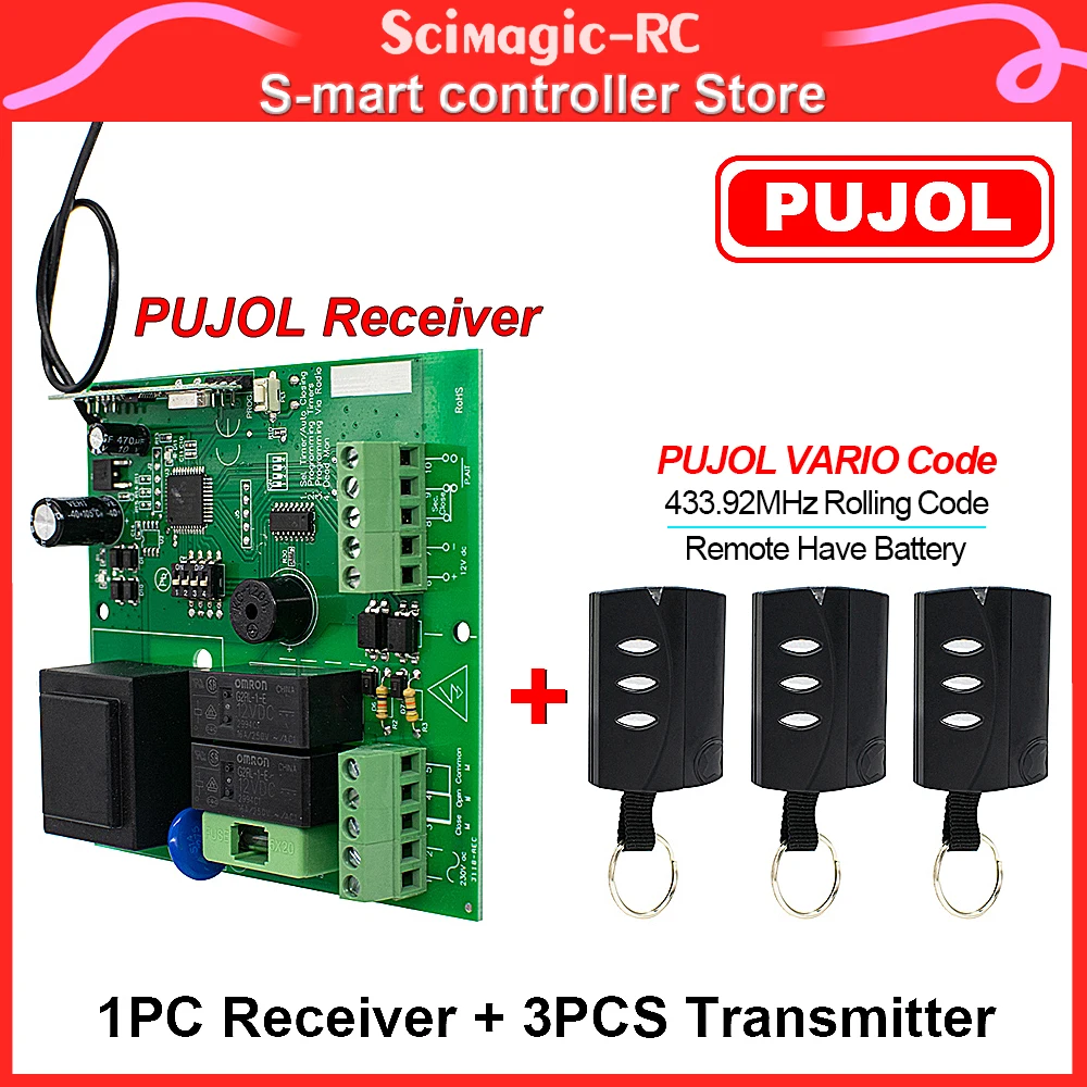 KIT PUJOL Roller Shutters Receiver + 3pcs Pujol VARIO Code Garage Door Remote Control PUJOL Handheld Transmitter 230V AC 12V DC