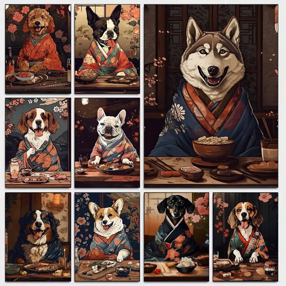 Japan Akita Inu Husky Corgi French Fighting Bulldog Kimono Izakaya Poster Art With Prints Home Bedroom Decoration Gift