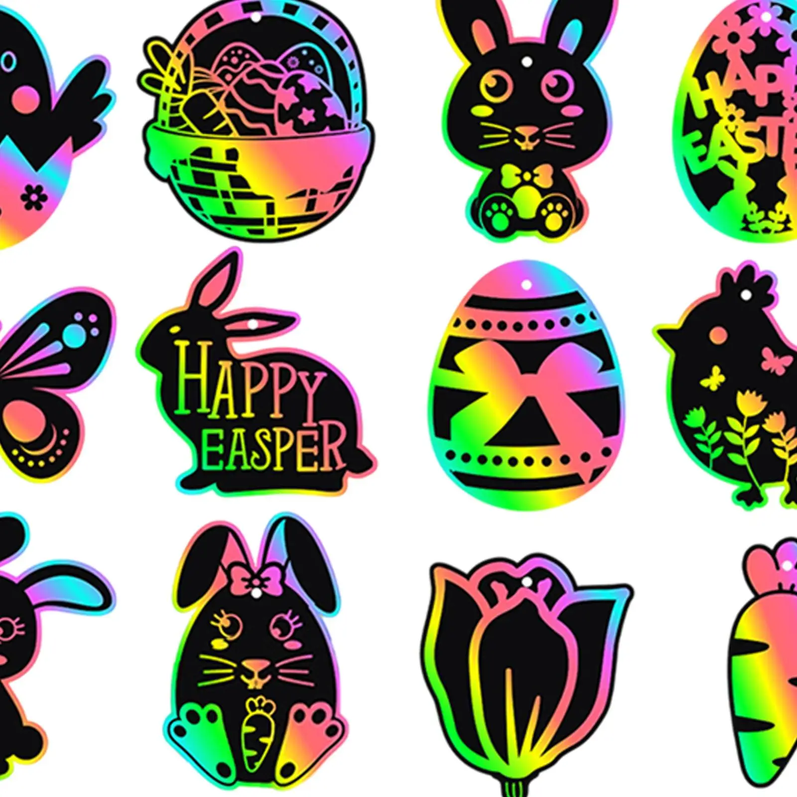 24Pcs Easter Scratch Paper Set Hanging Drawing Toys Gifts Decor Party Favors