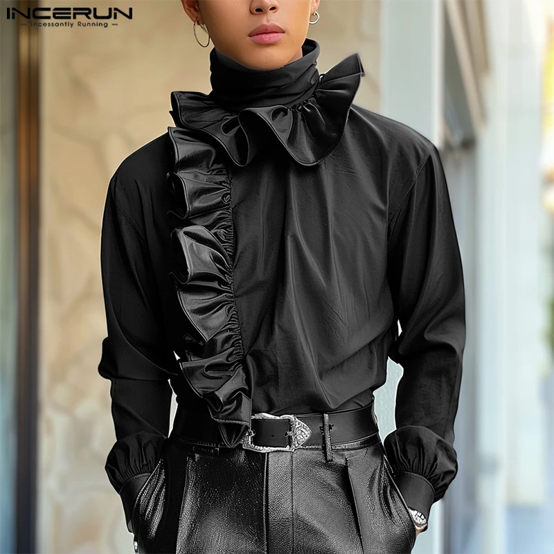 

INCERUN Men French Elegance Tops 2024 Casual Long Sleeve High Collar Shirts Ruffled Edge Solid Color Blouse Fashion Simple Tops