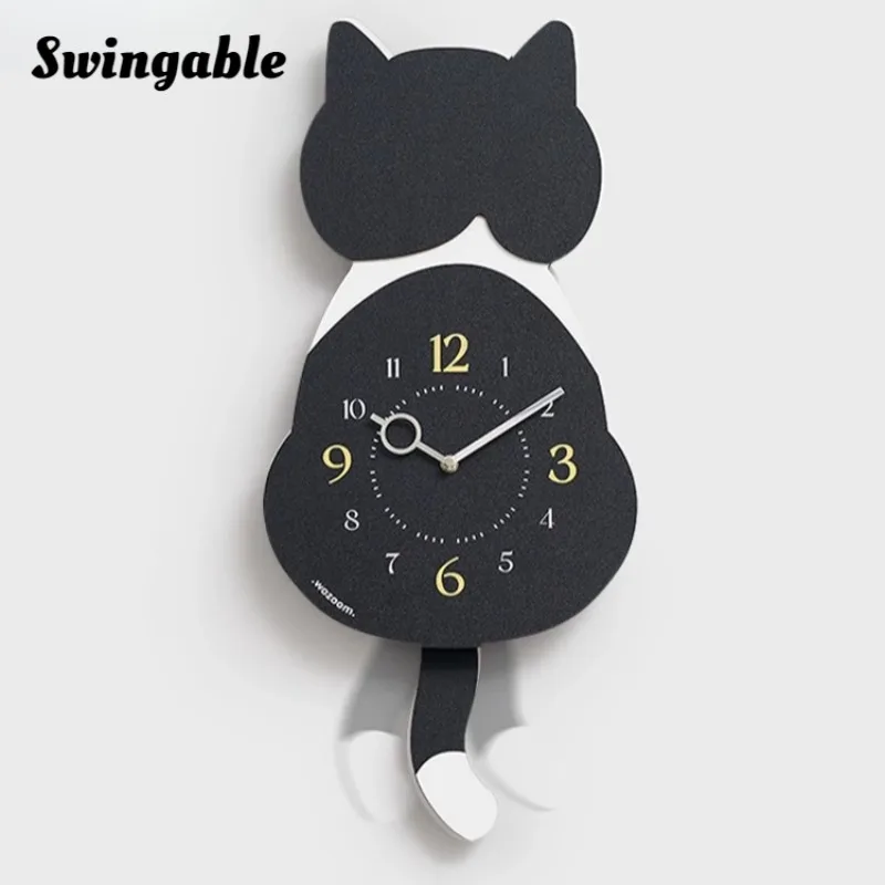 Solid Wood Swingable Silent Wall Clocks Creative Modern Simple Cat Living Room Wall Clock Metal Pointer Cartoon Cute Home Decor