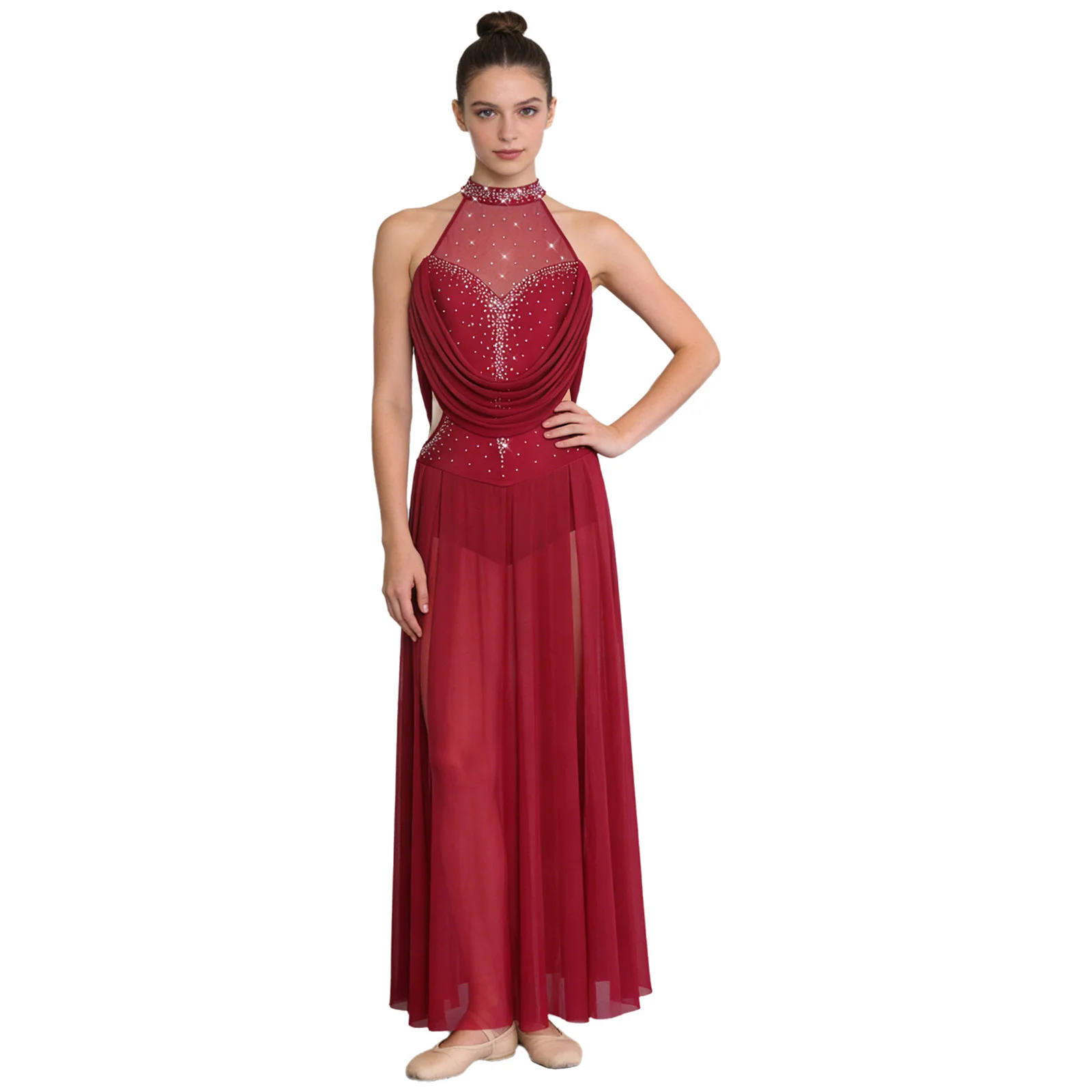 

Women Lyrical Ballroom Modern Ballet Dance Performance Costume Halter Sleeveless Rhinestones Backless Ballroom Dance Maxi Dress