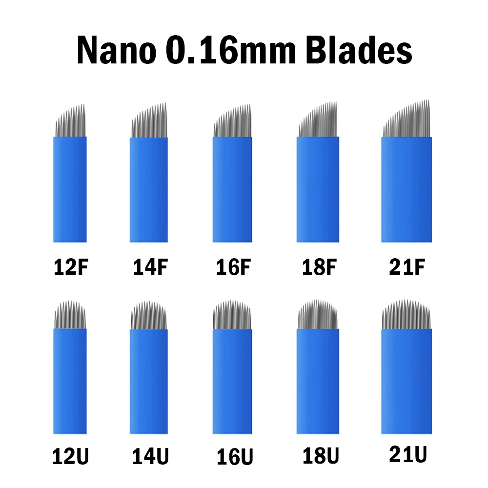 50pcs/Box Blue Nano Blades Thin 0.16mm Microblading Flex U Shape Tattoo Needles Permanent Makeup Embroidery Manual Blades