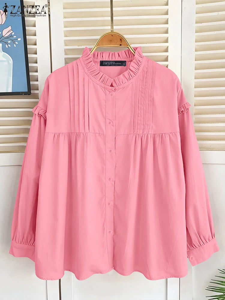 

ZANZEA, модные рубашки, женские повседневные рубашки с длинными пышными рукавами, осень 2022, свободные однотонные блузки с рюшами, корейская плиссированная туника, топ